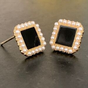 1950s French Style Square Earrings, Faux Black Onyx  & Faux Pearls, 50s Vibe